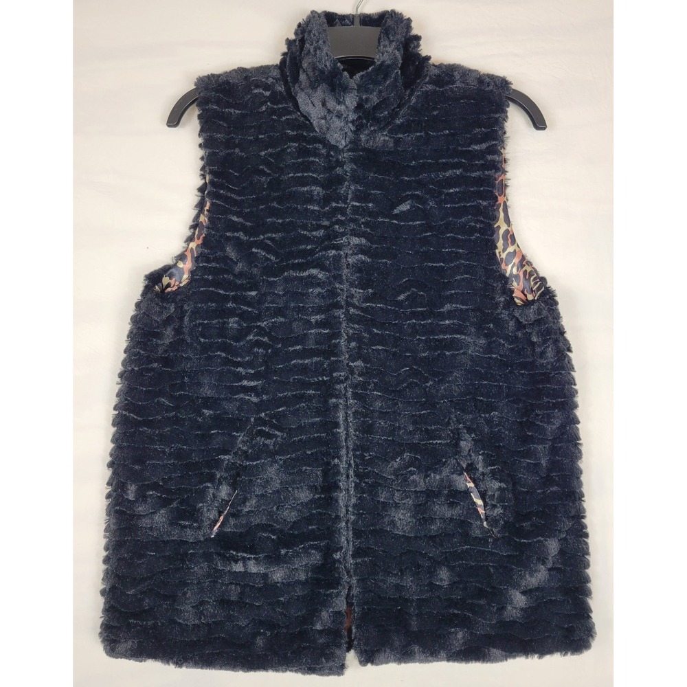 Betsey Johnson Black Faux Fur Vest Leopard Lining BJ55333 Medium NWT